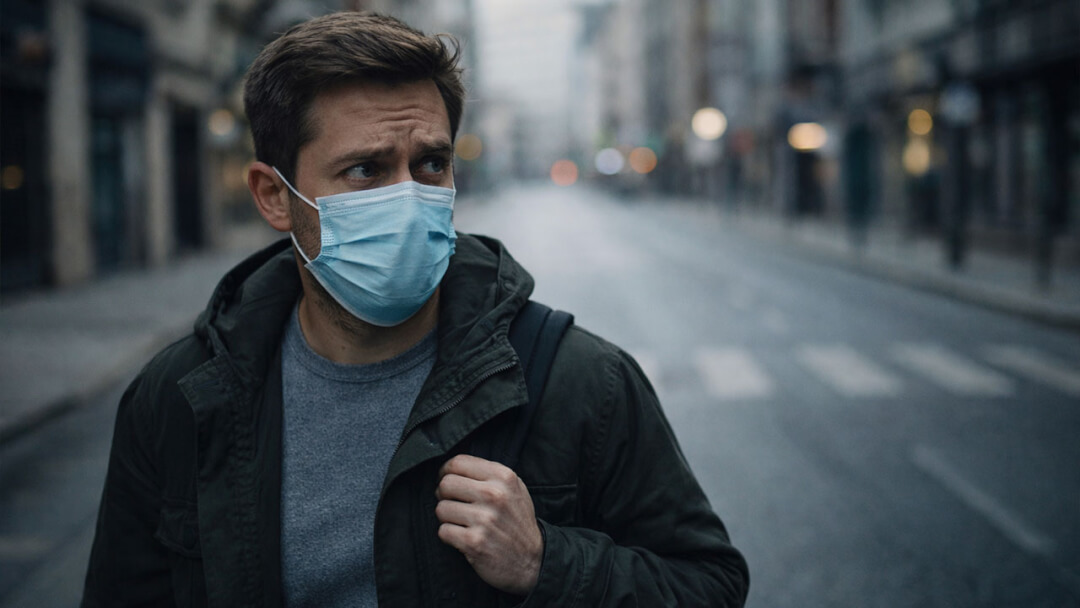 אדם עם מבט חושש עם מסכת קורונה