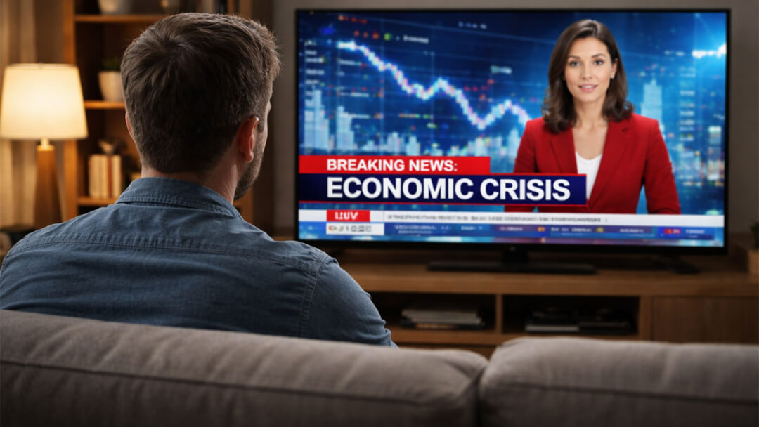 איש מצולם מאחורה על ספה צופה בחדשות