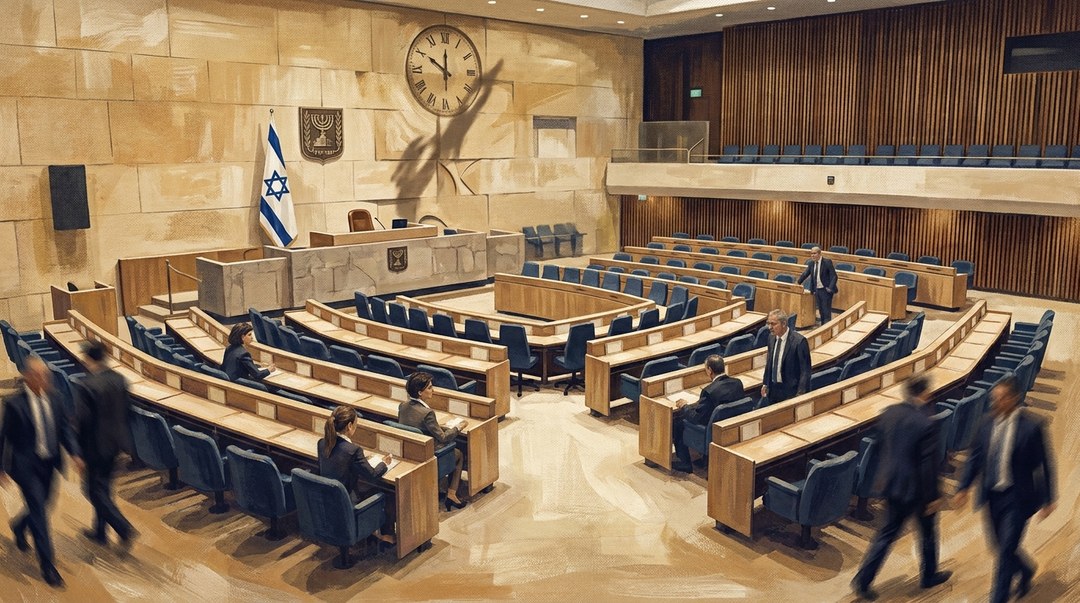איור של מליאת הכנסת הריקה ובה שעון גדול על קיר האבן, ממחיש מרוץ נגד הזמן לקראת בחירות מוקדמות
